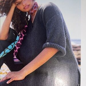 CAbi Blue and Gray V-Neck Sweater with Ribbed Texture